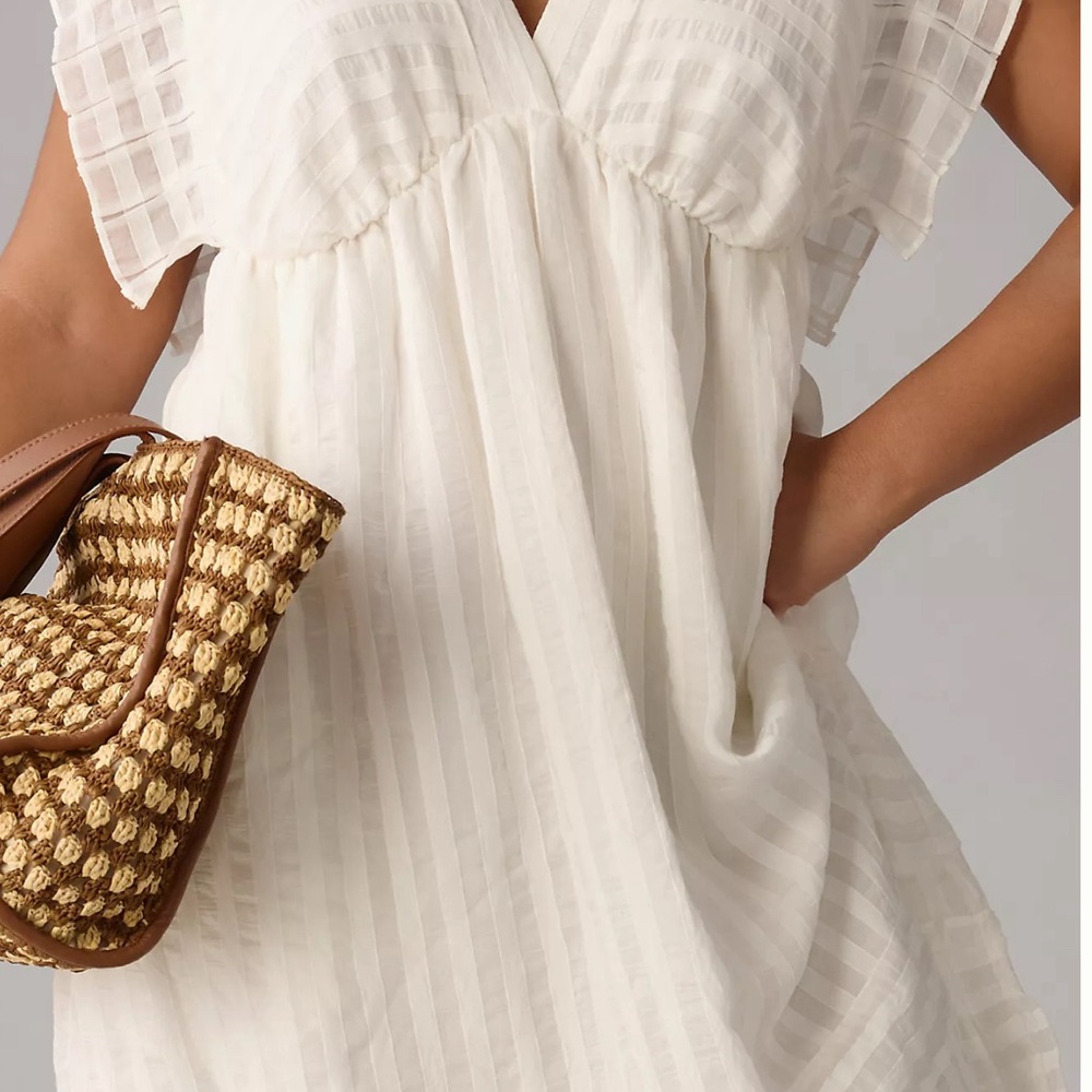 NWOT ANTHROPOLOGIE V-NECK RUFFLED TIERED BABYDOLL DRESS, White, XLarge